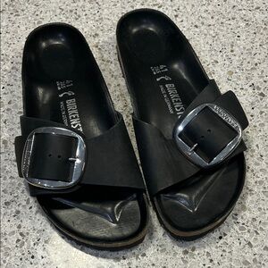 Birkenstock Black Slides with Shiny Silver Buckle